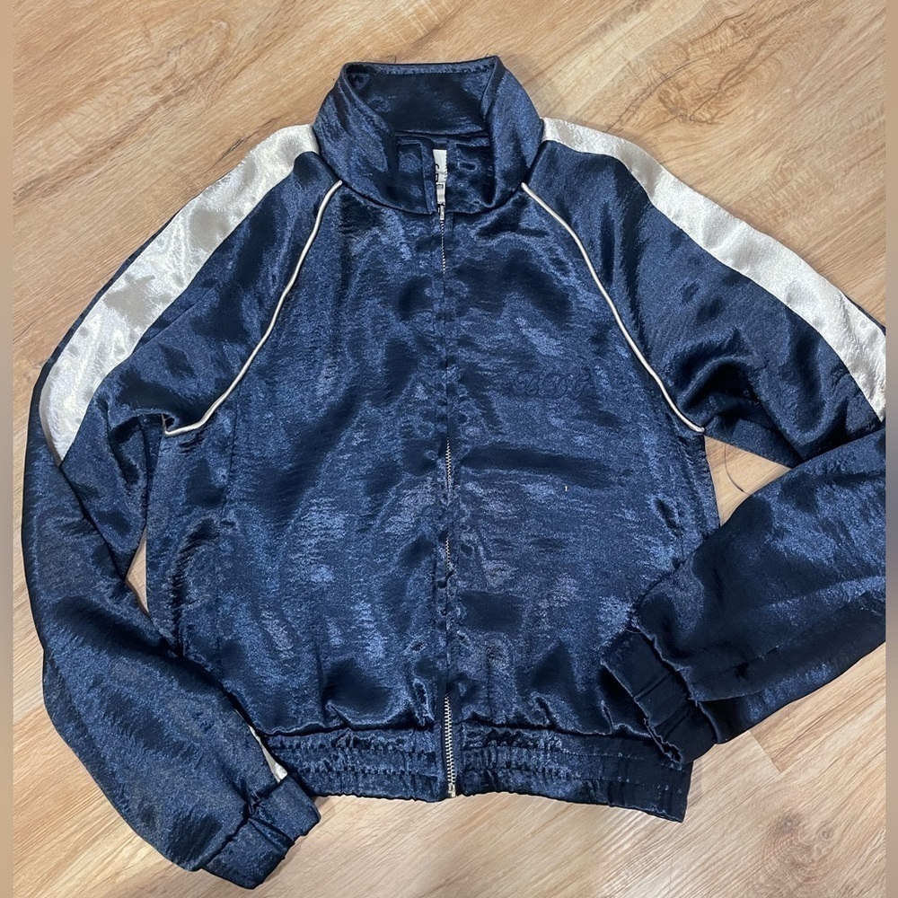 BDG Y2k Silky Satin Track Jacket Shiny Party Varsity Bomber Blue/White Size S
